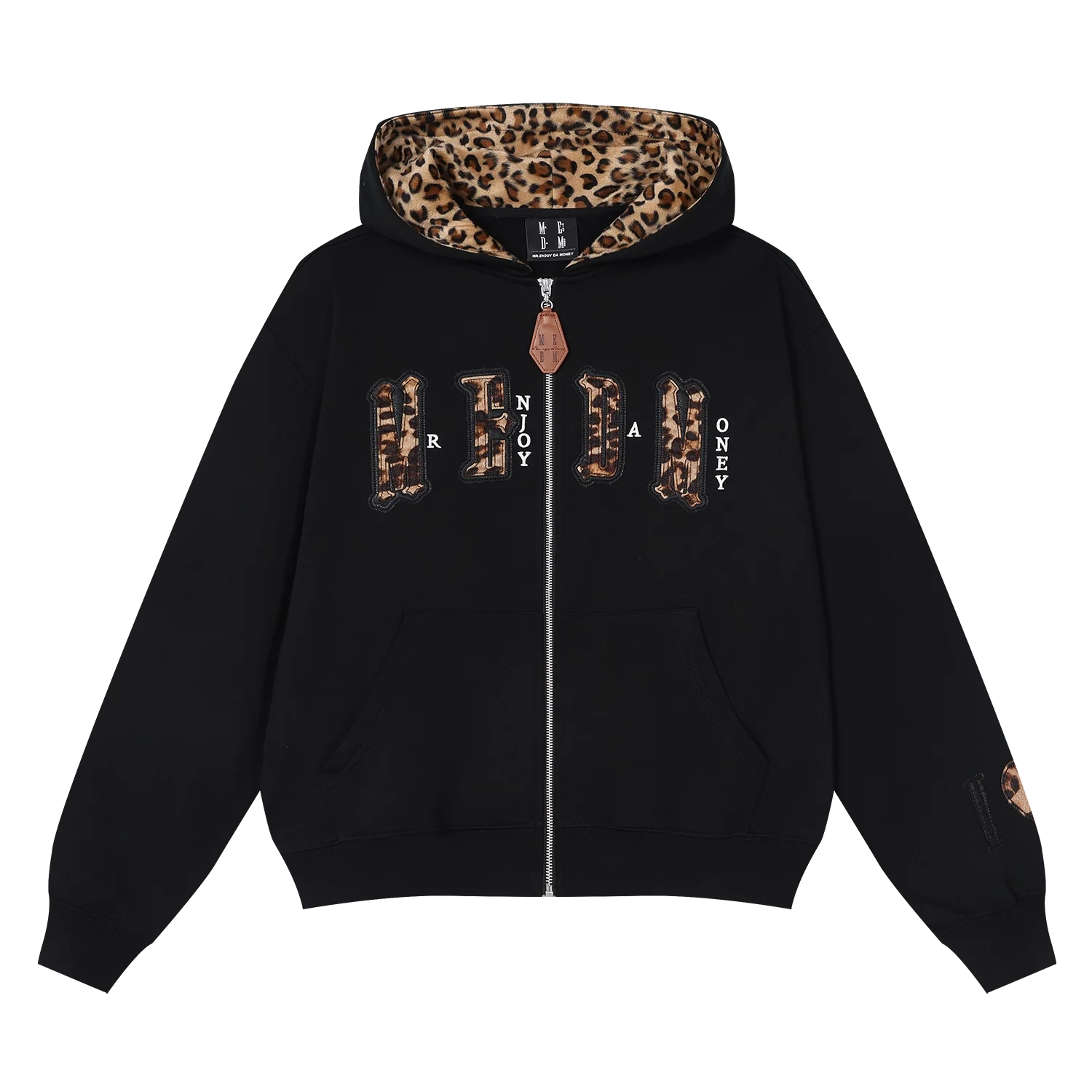 MEDM Leopard Print Zip-Up Hoodie with Hood Lining and Decorative Text