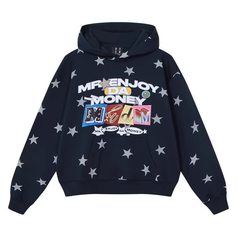 MEDM Fleece-Lined Star Print Graphic Hoodie with Embroidery