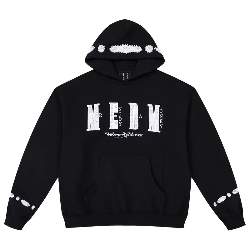 MEDM Women's Oversized Hooded Sweatshirt with Embroidered Lettering and Patch Details