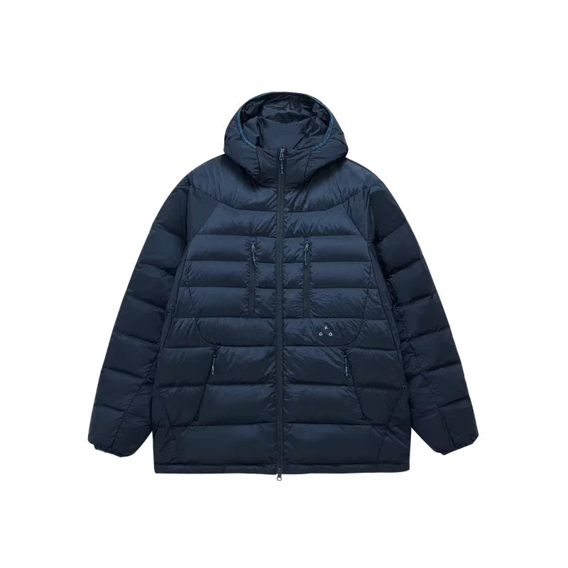 FPA Men's Lightweight Hooded Down Jacket with Double Zipper and Ribbed Structure