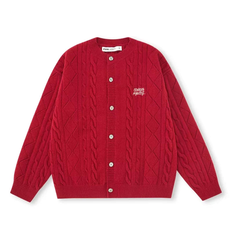 FPA Unisex Cable Knit Round Neck Cardigan Sweater - Red and Black