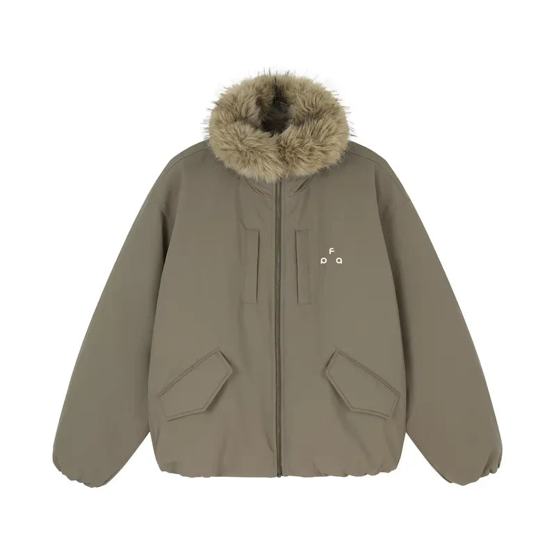 FPA Eco-Friendly Green Down Parka with Faux Fur Trim for Winter
