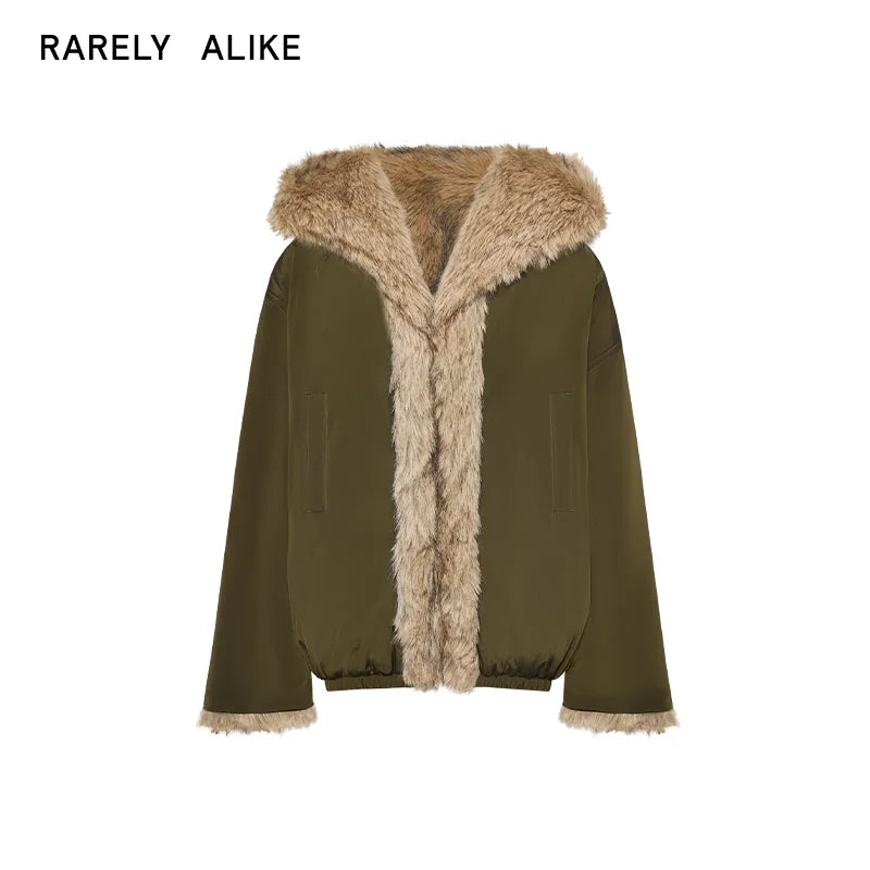 RARELY ALIKE Reversible Faux Fur Hooded Jacket - Black Khaki / Army Green Camel