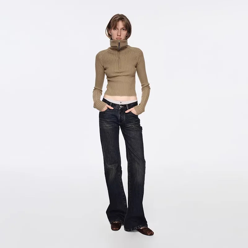 RARELY ALIKE Women's Half-Zip Wool Ribbed Knit Turtleneck Sweater