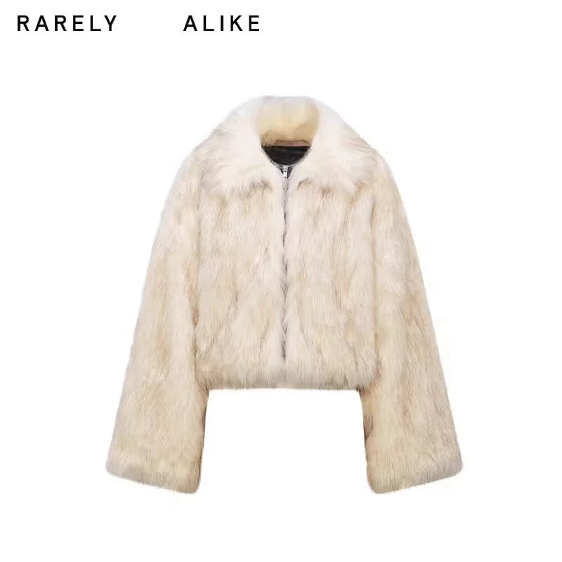 RARELY ALIKE Short Faux Fur Jacket with Suede Lining in Dark Coffee and White
