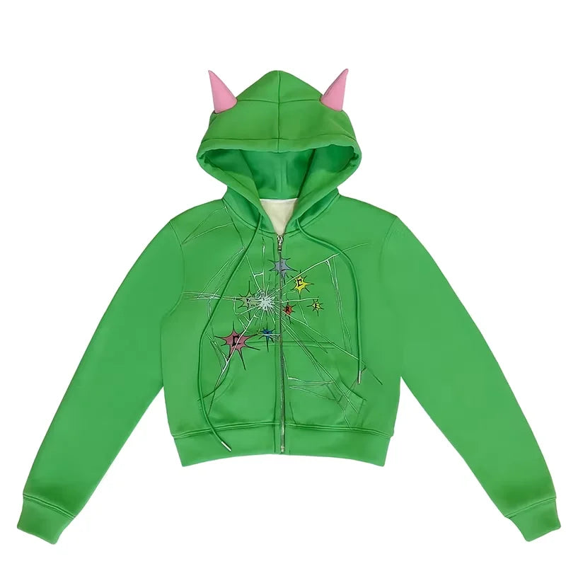 CFIERCE Cracked Print Hoodie with Pointed Hem and Devil Horns