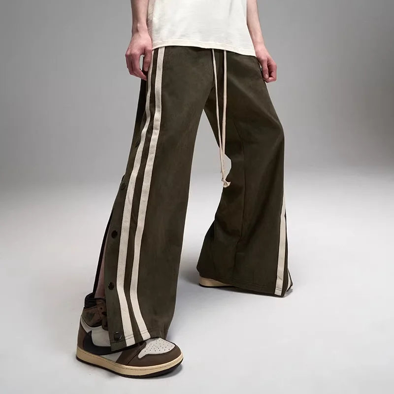 LOSTCTRL Men's Suede Side-Stripe Wide-Leg Casual Pants