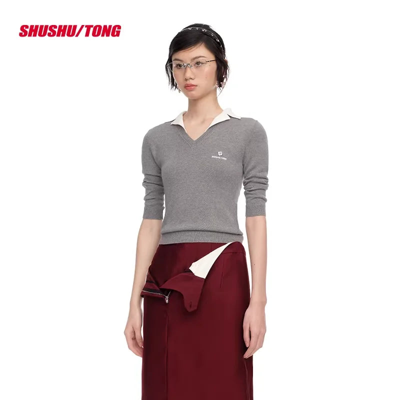 shushutong Elegant Women's Patchwork Lapel Knit Sweater