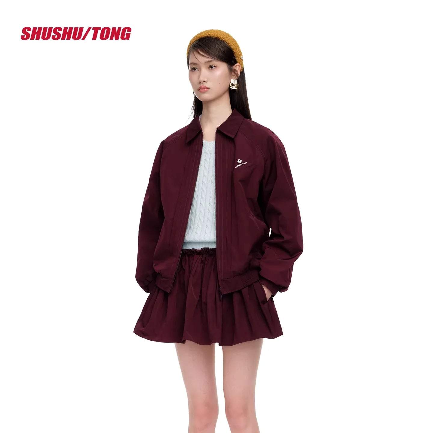 shushutong 2025 Winter Women's Tuck Sports Jacket and Skirt Set