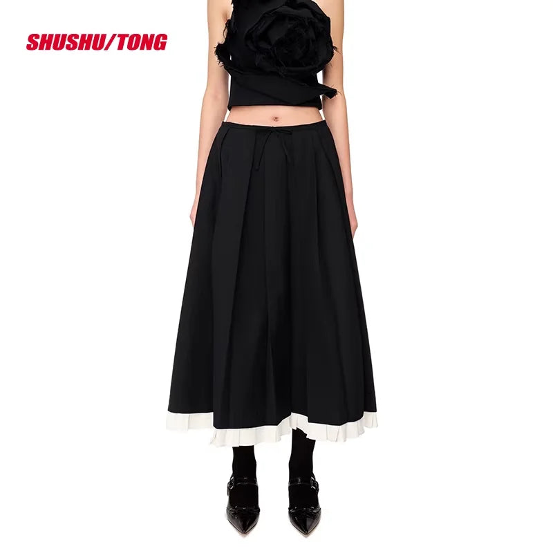 shushutong Women's Pleated Midi Skirt with Ruffled Hem