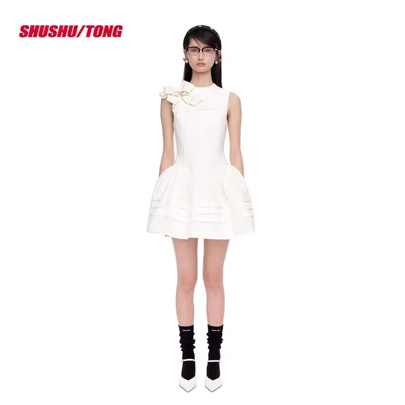 shushutong Elegant Winter Sleeveless Mini Dress with Shoulder Bow