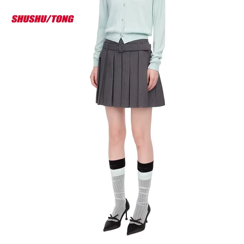 shushutong High-Waisted Pleated A-Line Mini Skirt with Belt