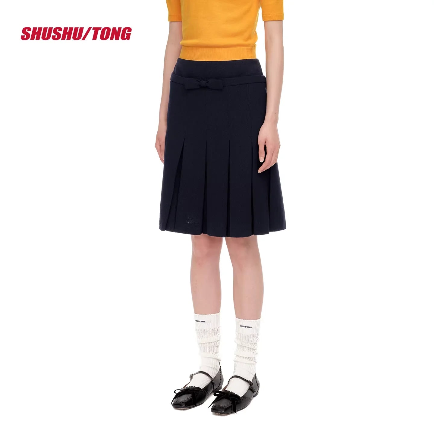 shushutong Women's Winter Pleated Skirt with Bow Waist Detail
