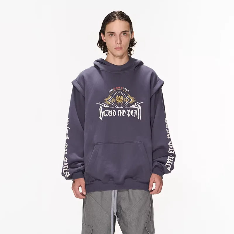 BLINDNOPLAN Men's Avant-Garde Graphic Hooded Sweatshirt - Fake Two-Piece Design