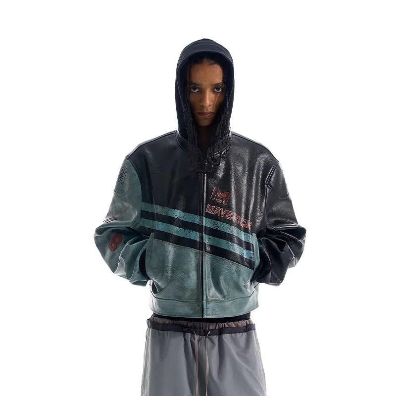 BLINDNOPLAN Distressed Two-Tone Motorcycle Leather Jacket