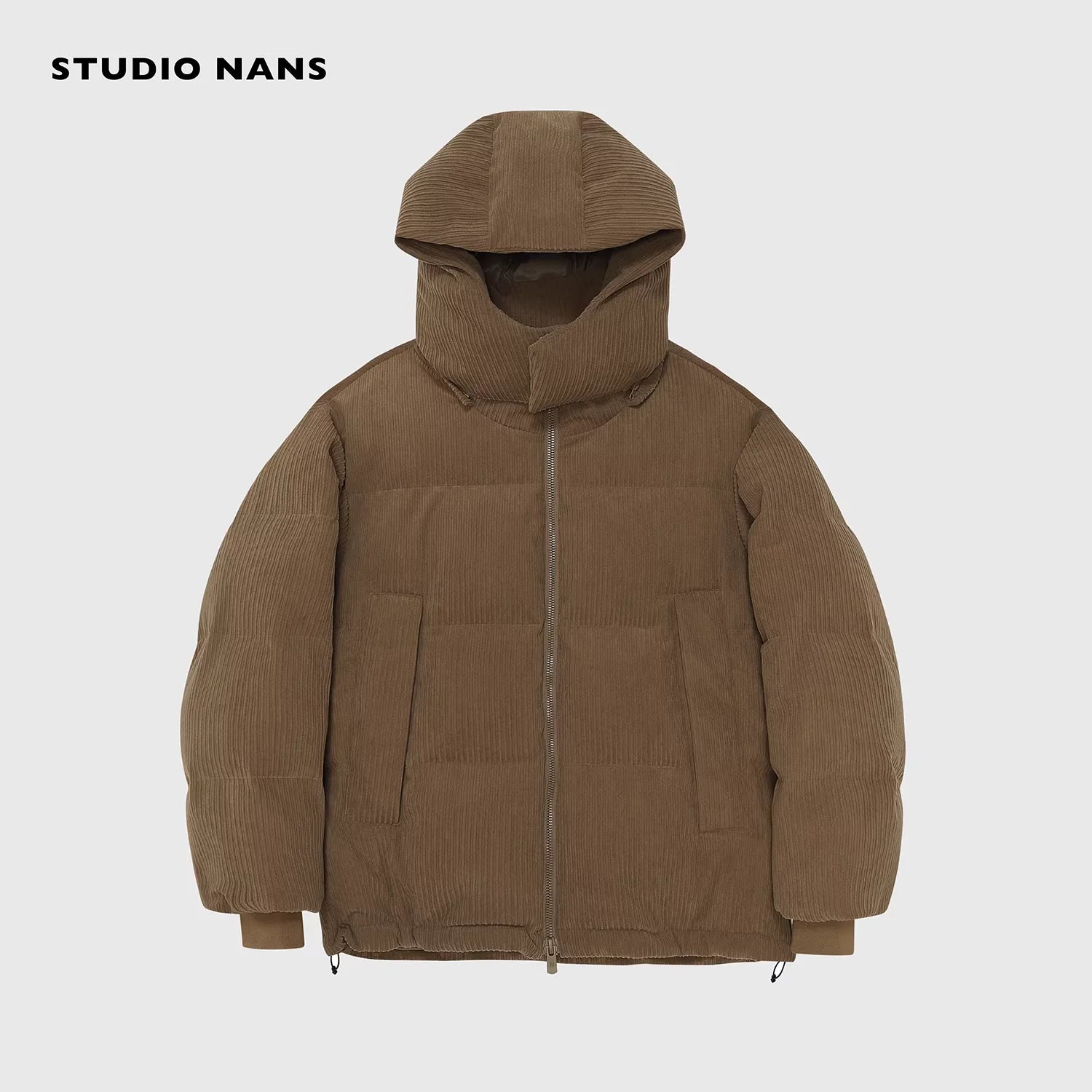 NANS Menswear Corduroy Striped Heavyweight Down Puffer Jacket with Detachable Hood