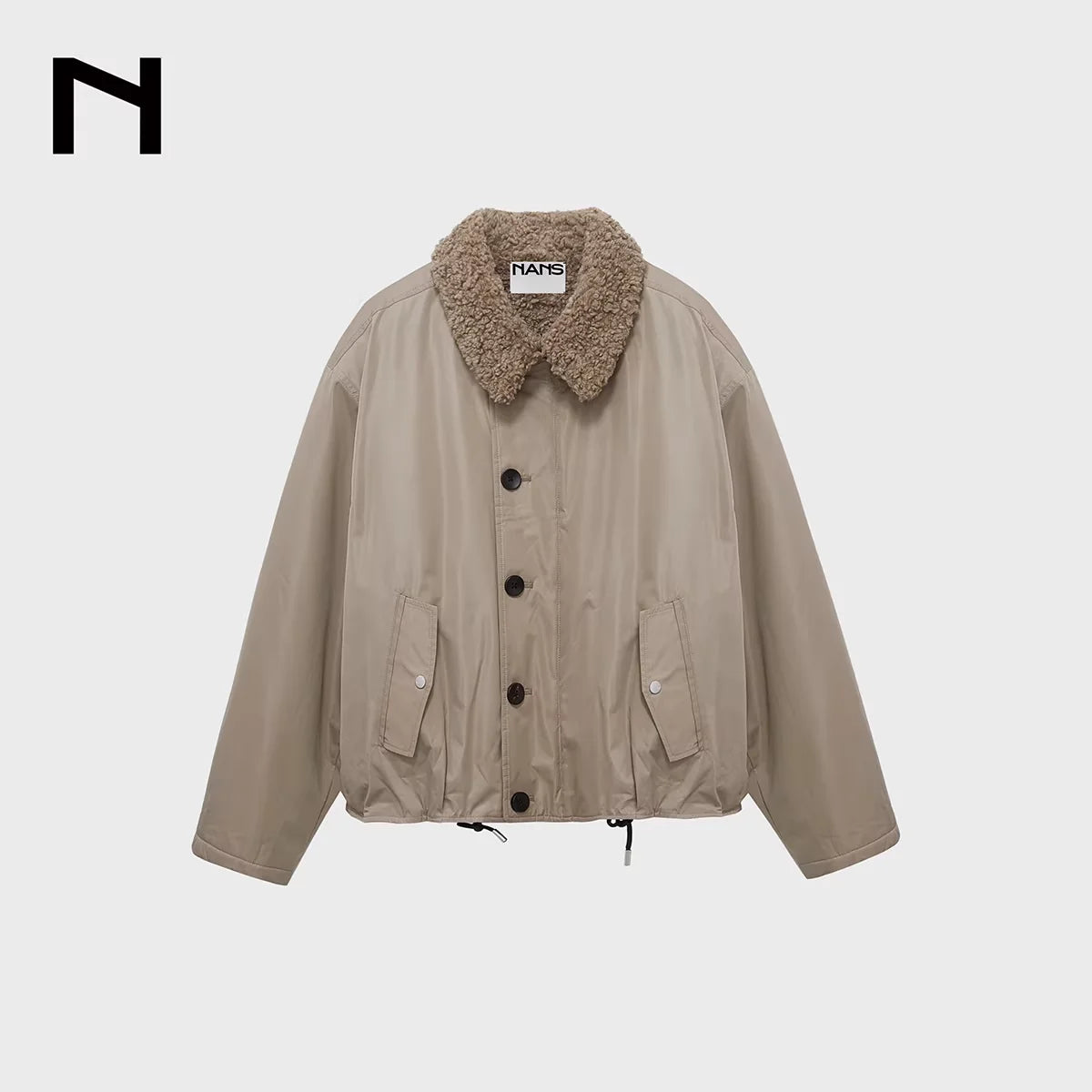 NANS Menswear Men's Faux Shearling Lined Short Quilted Jacket with Drawstring and Square Collar