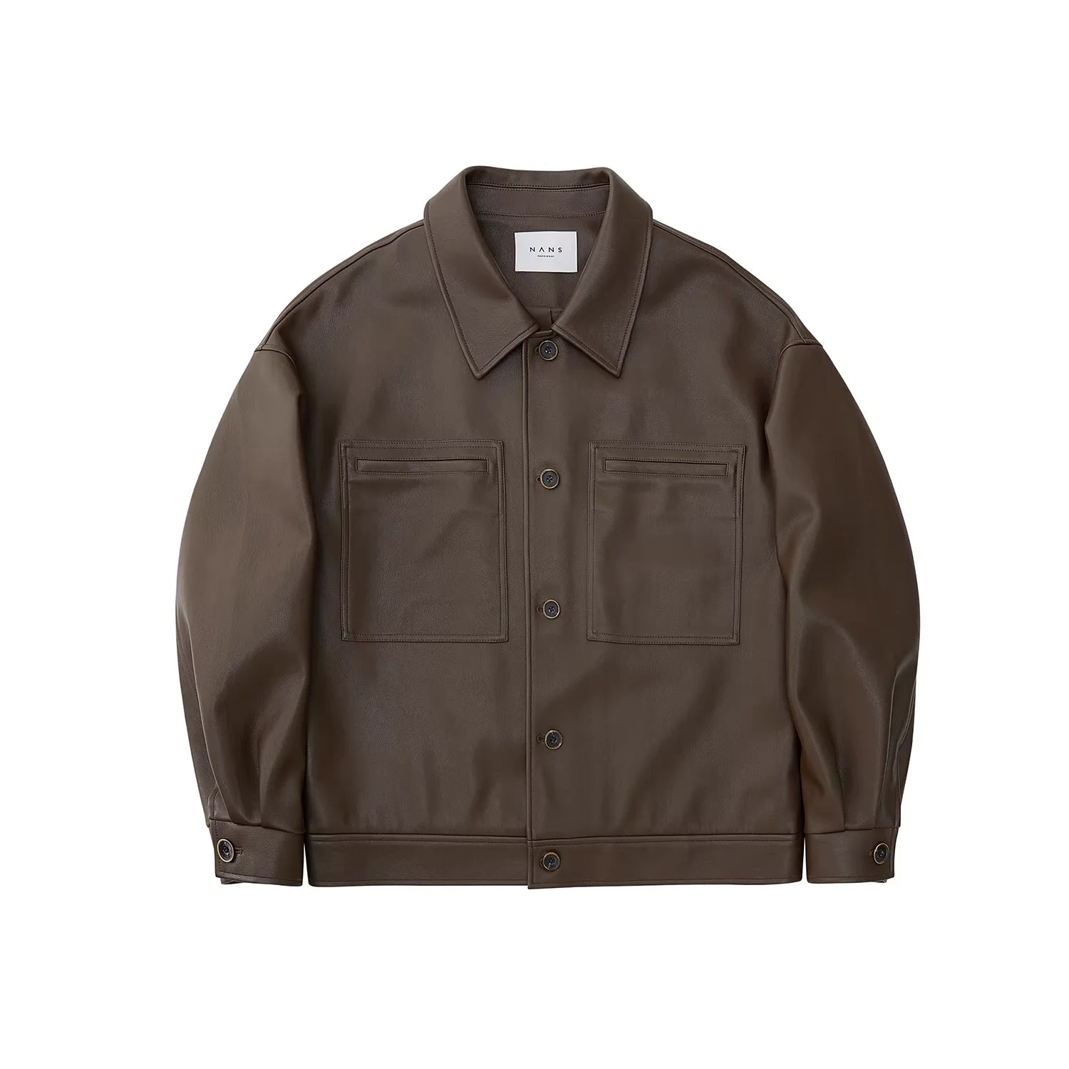 NANS Menswear Men's Oversized Faux Leather Jacket with Pocket and Square Collar