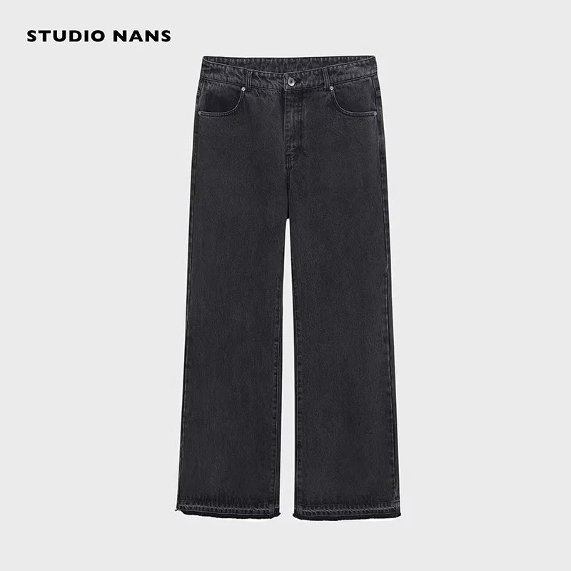 NANS Menswear 14oz Distressed Washed Flared Straight Leg Jeans