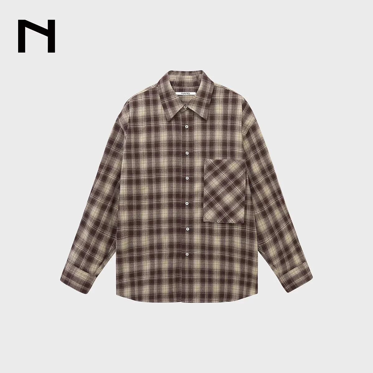 NANS Menswear Oversized Plaid Flannel Shirt with Bias Pocket and Spread Collar
