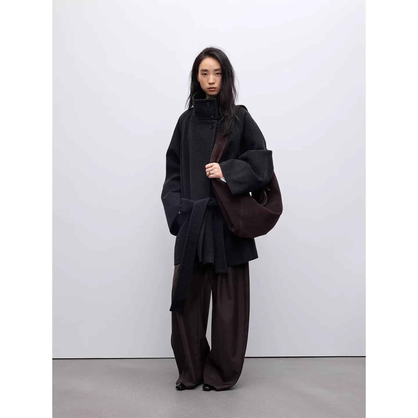 RandomPiece Oversized Alpaca Wool Blend Short Coat with Stand Collar and Wide Cuffs