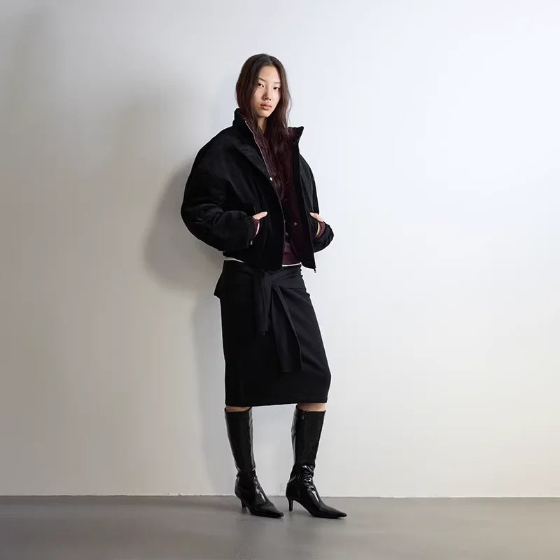 RandomPiece Women's Corduroy Stand Collar Short Down Jacket