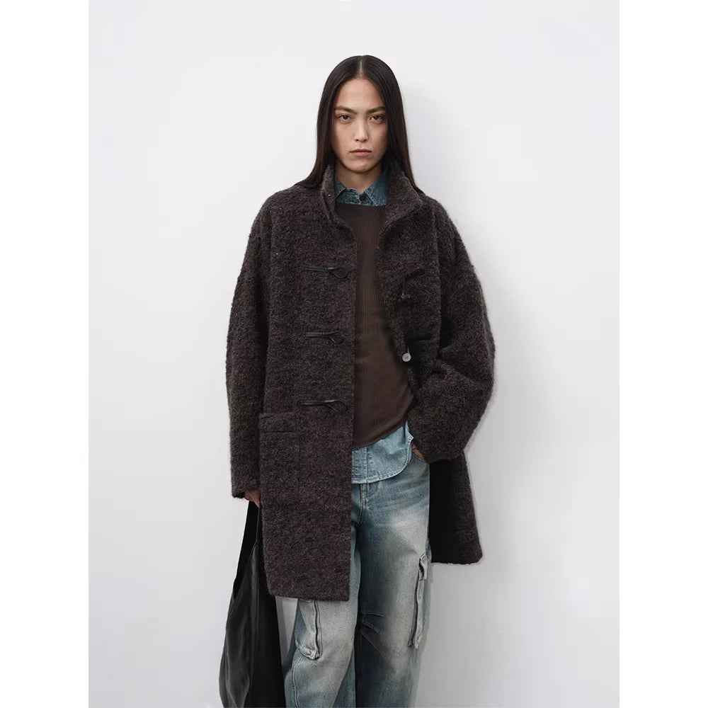 RandomPiece Alpaca Wool Bouclé Toggle Coat with Stand Collar
