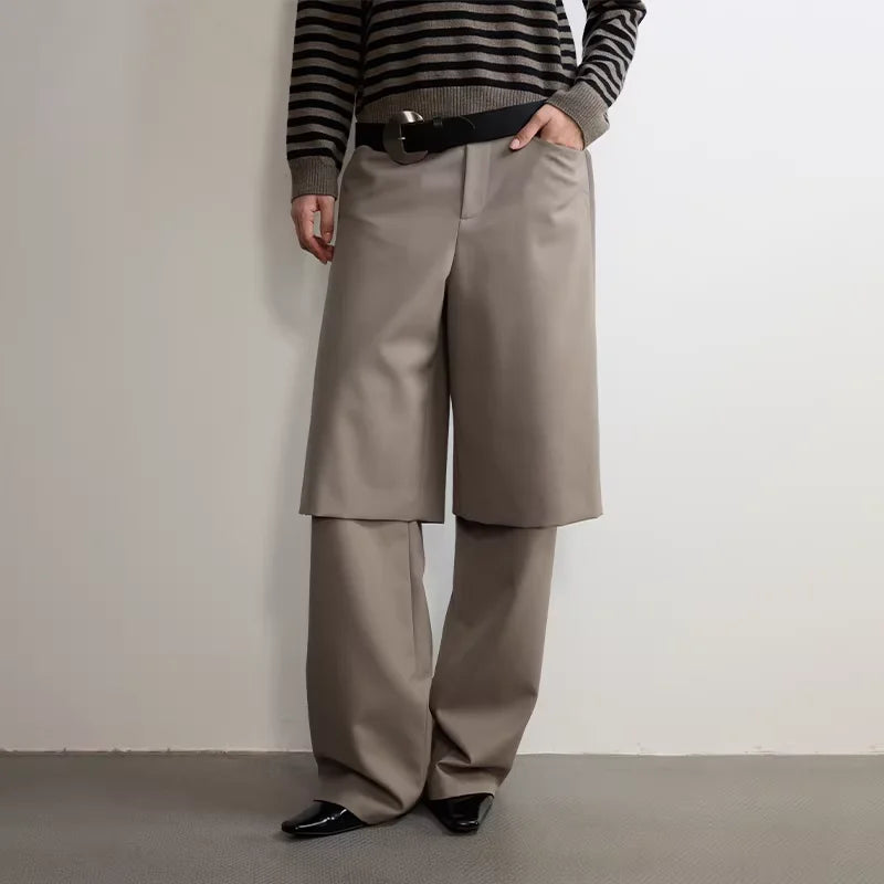 RandomPiece Women's Wool Blend Wide-Leg Trousers with Layered Faux Two-Piece Look