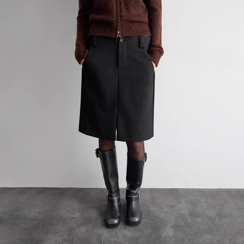 RandomPiece Wool-Blend Structured Skirt with Front Slit