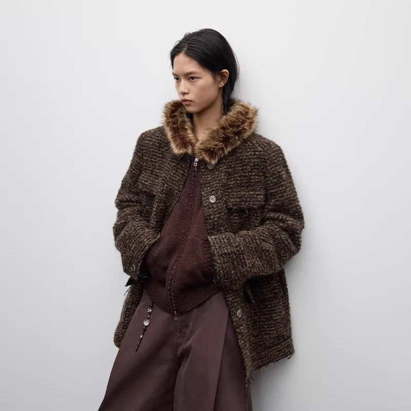 RandomPiece Wool Bouclé Collarless Blazer with Raw Edges