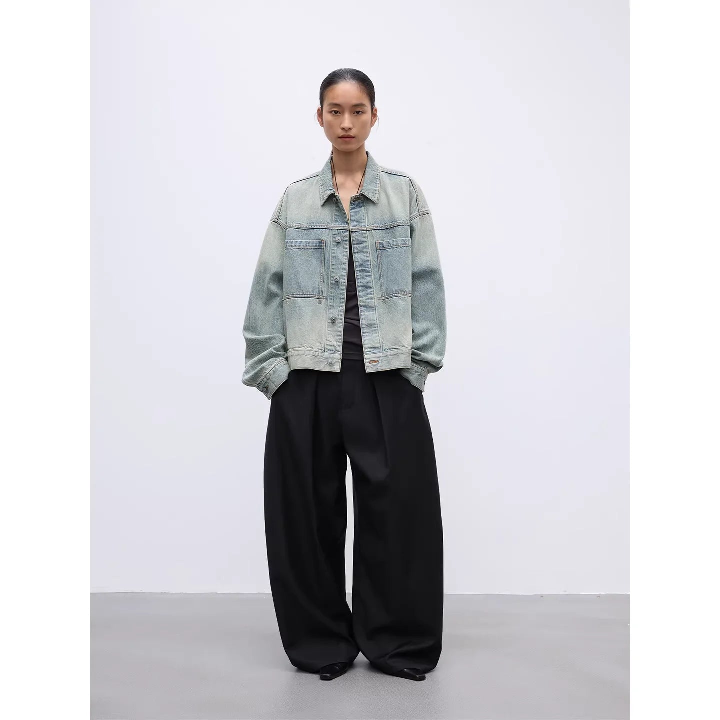 RandomPiece Vintage Washed Oversized Denim Jacket with Large Pockets