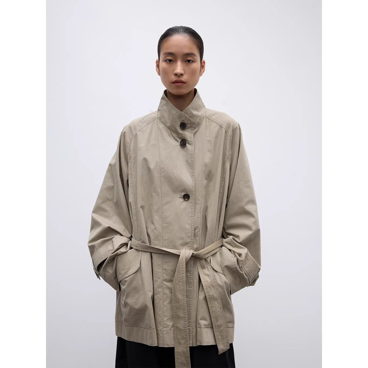 RandomPiece Oversized Enzyme Washed Stand Collar Trench Coat