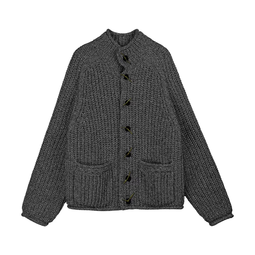Simple Project Chunky Knit High-Neck Cardigan with Wooden Buttons