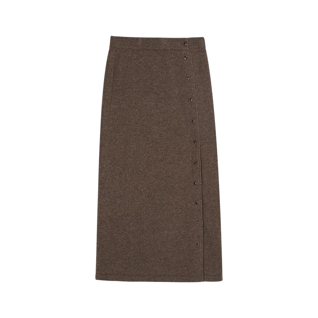 Simple Project Women's Wool Knit Midi Skirt with Side Button and Slit
