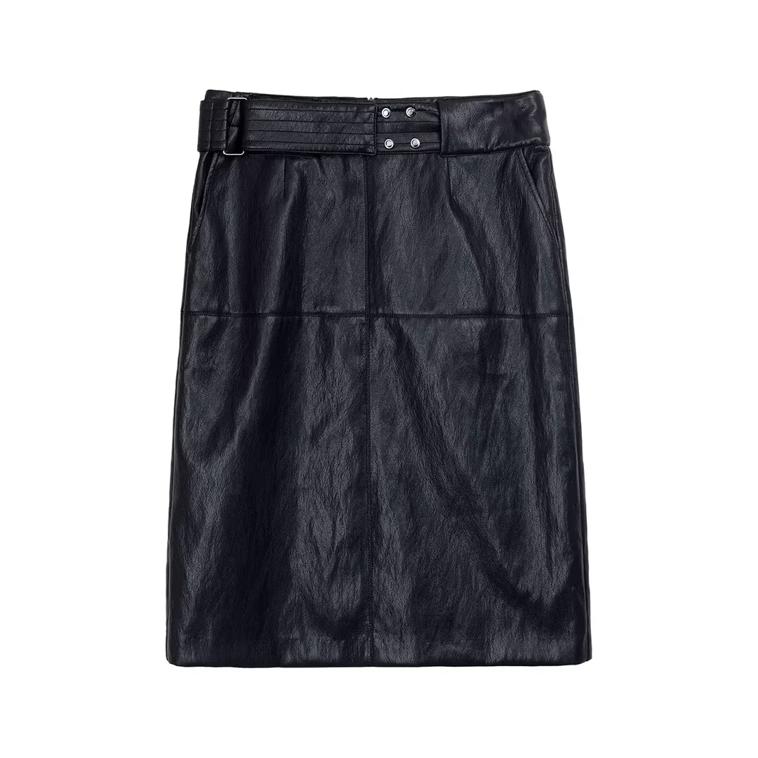 Simple Project Wide Belted Leather Skirt