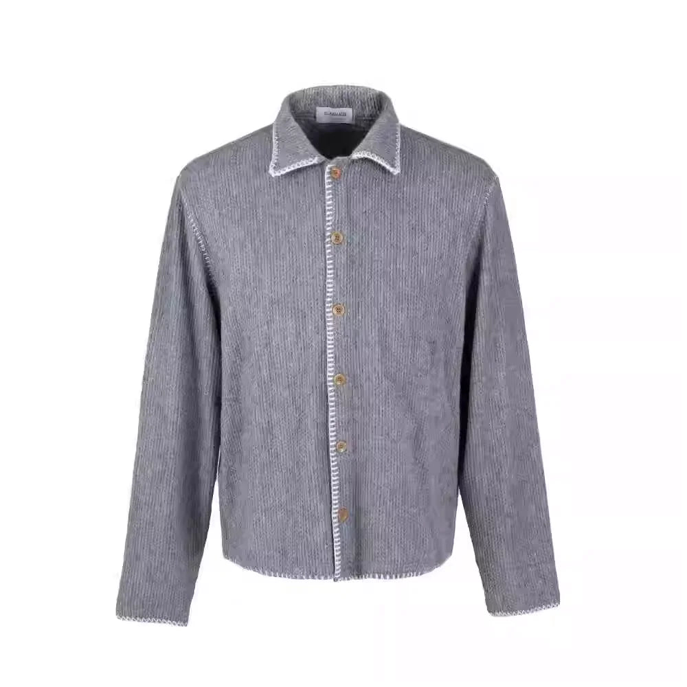 VLABMADE Textured Knit Cardigan with Contrast Stitching and Wooden Buttons