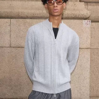 VLABMADE Retro Jacquard Wool Blend Zip-Up Polo Sweater