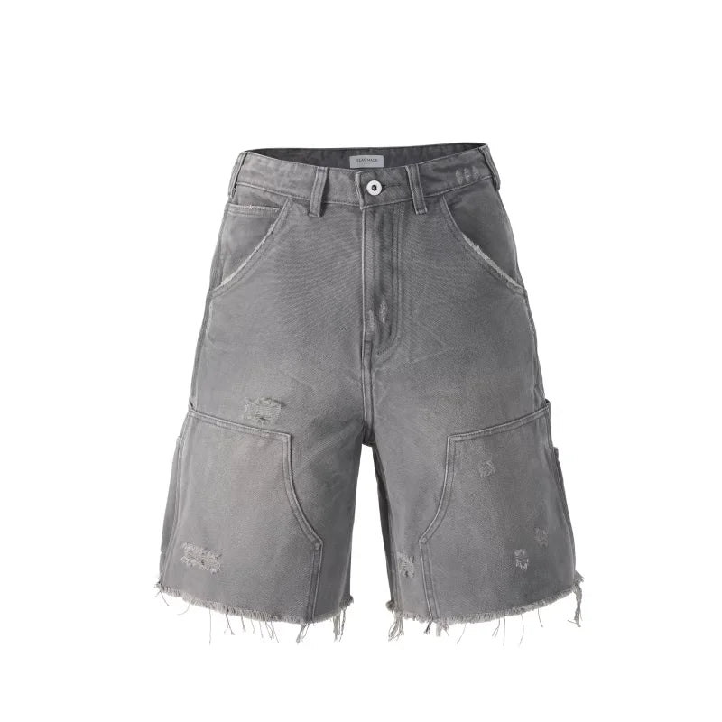 VLABMADE Men's Distressed Double Knee Denim Work Shorts