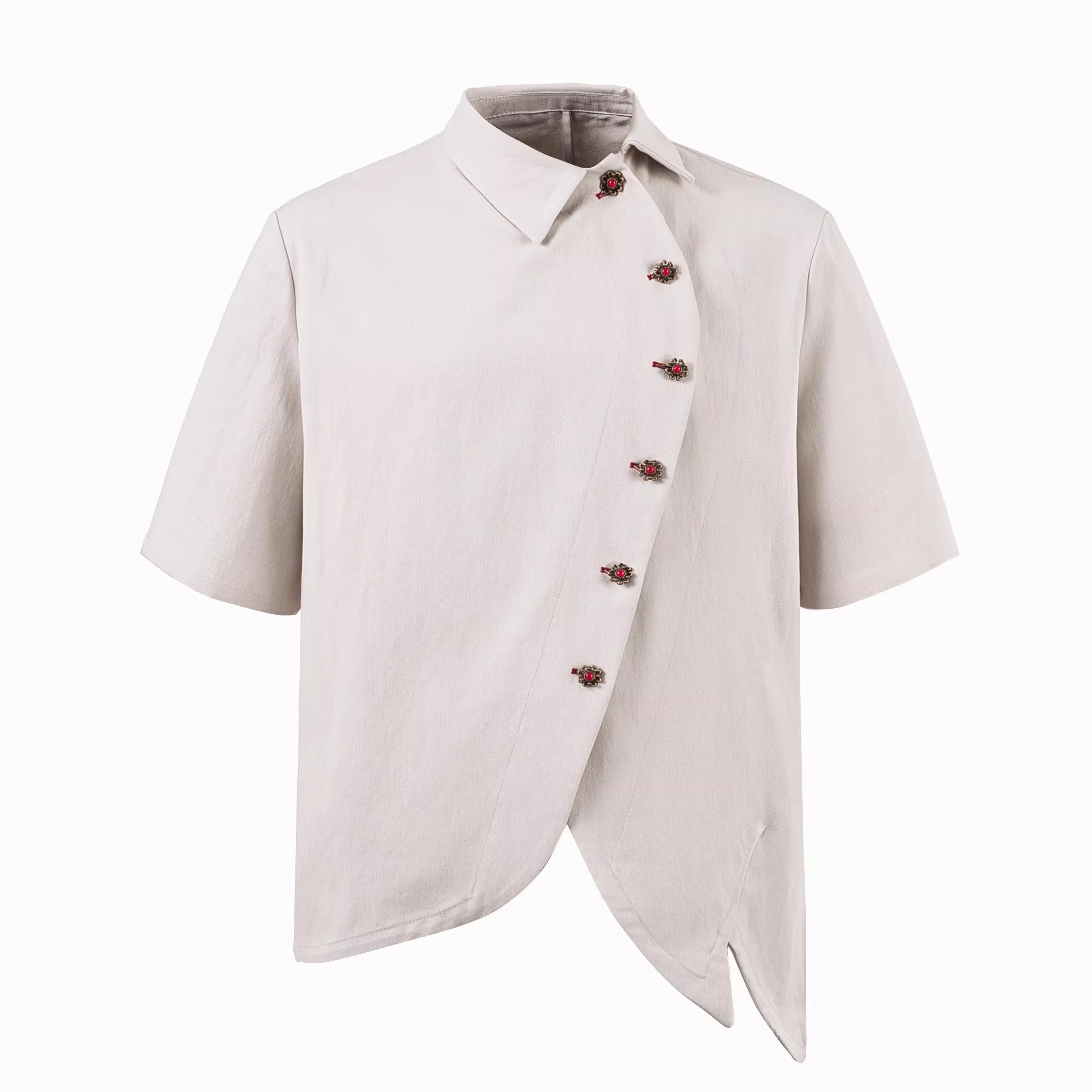 Y OFFICIAL Asymmetrical Black Short-Sleeve Shirt with Floral Buttons