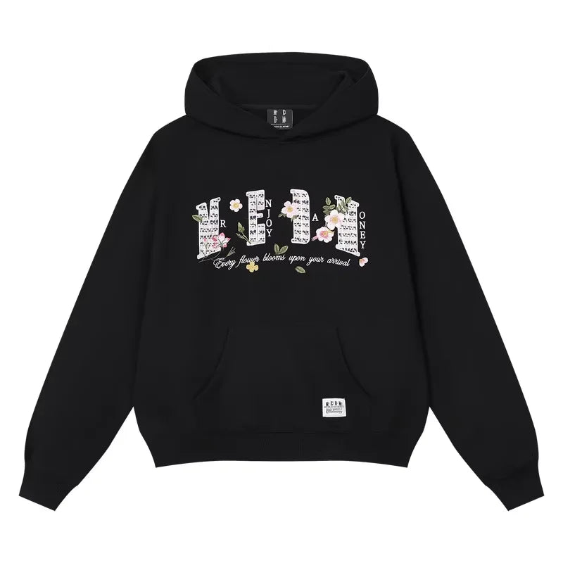 MEDM Floral Embroidered Loose Fit Hoodie with Kangaroo Pocket