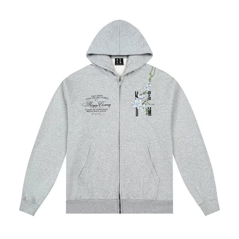 MEDM Unisex Floral Embroidered Zip Hoodie - Casual Loose Fit