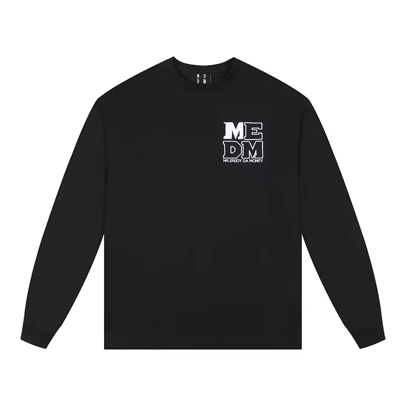 MEDM Unisex Long Sleeve Crew Neck T-Shirt with Embroidered Lettering
