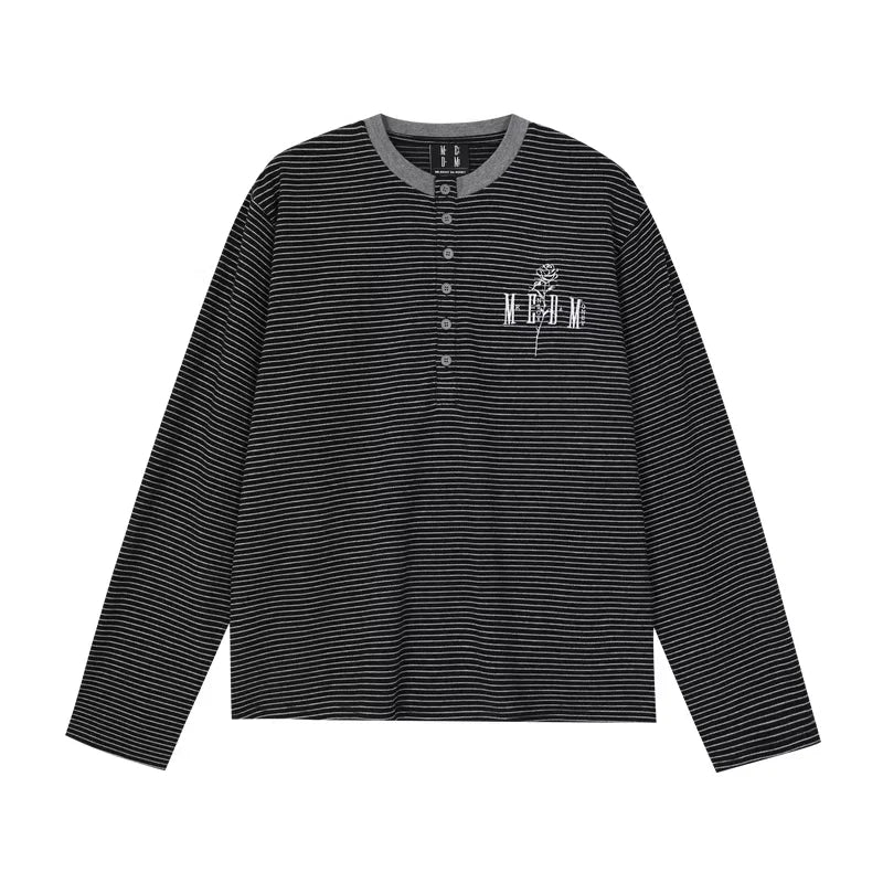 MEDM Unisex Striped Henley Collar Long Sleeve T-Shirt with Embroidery