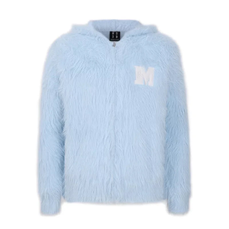 MEDM Faux Fur Zip-Up Hoodie with Letter Patch