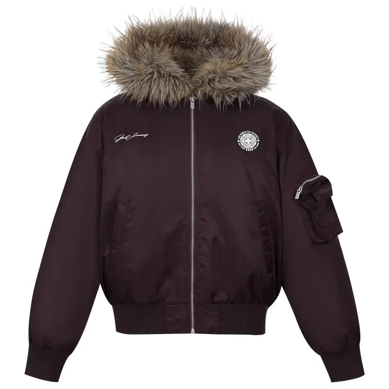 MEDM Men's Faux Fur Hooded Puffer Jacket with Silicone Patch