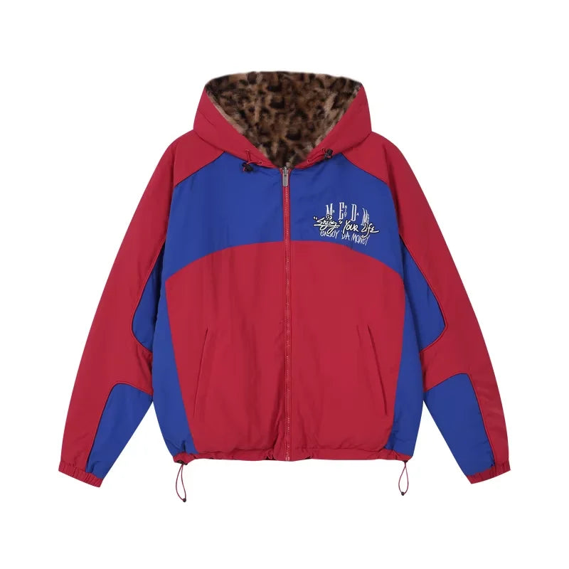 MEDM Reversible Colorblock and Leopard Print Faux Fur Hooded Jacket
