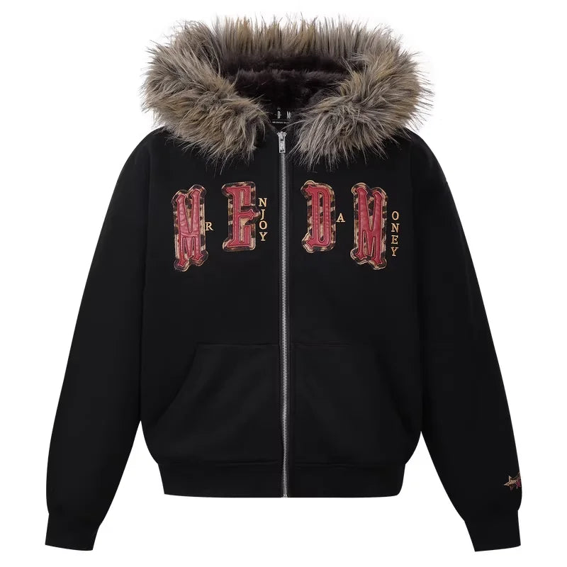 MEDM Fur-Lined Eagle Appliqué Cotton Hooded Jacket