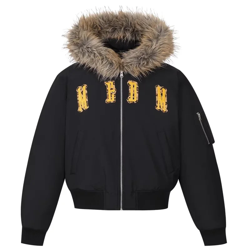 MEDM Faux Fur Hooded Cotton Bomber Jacket for Women