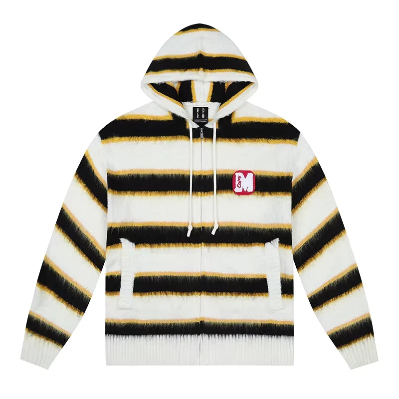 MEDM Unisex Tricolor Striped Fuzzy Knit Zip-Up Hoodie