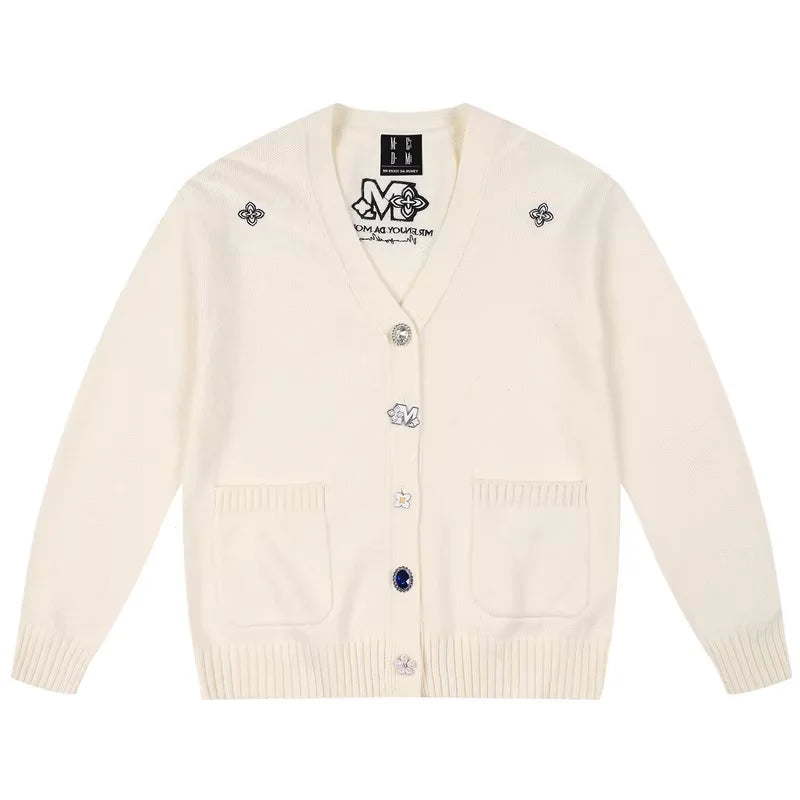 MEDM Unisex Loose Fit V-Neck Knit Cardigan Sweater with Decorative Buttons